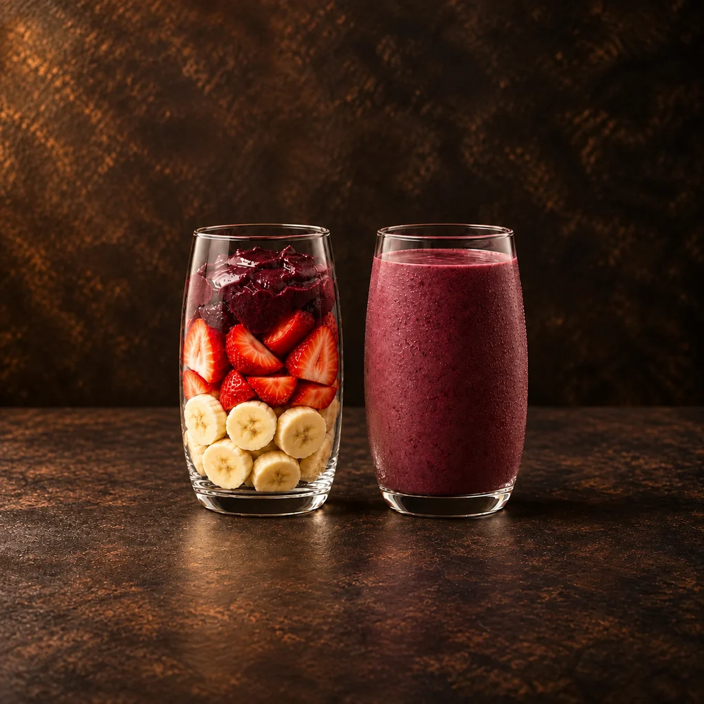 Vitamina de açaí, morango e banana